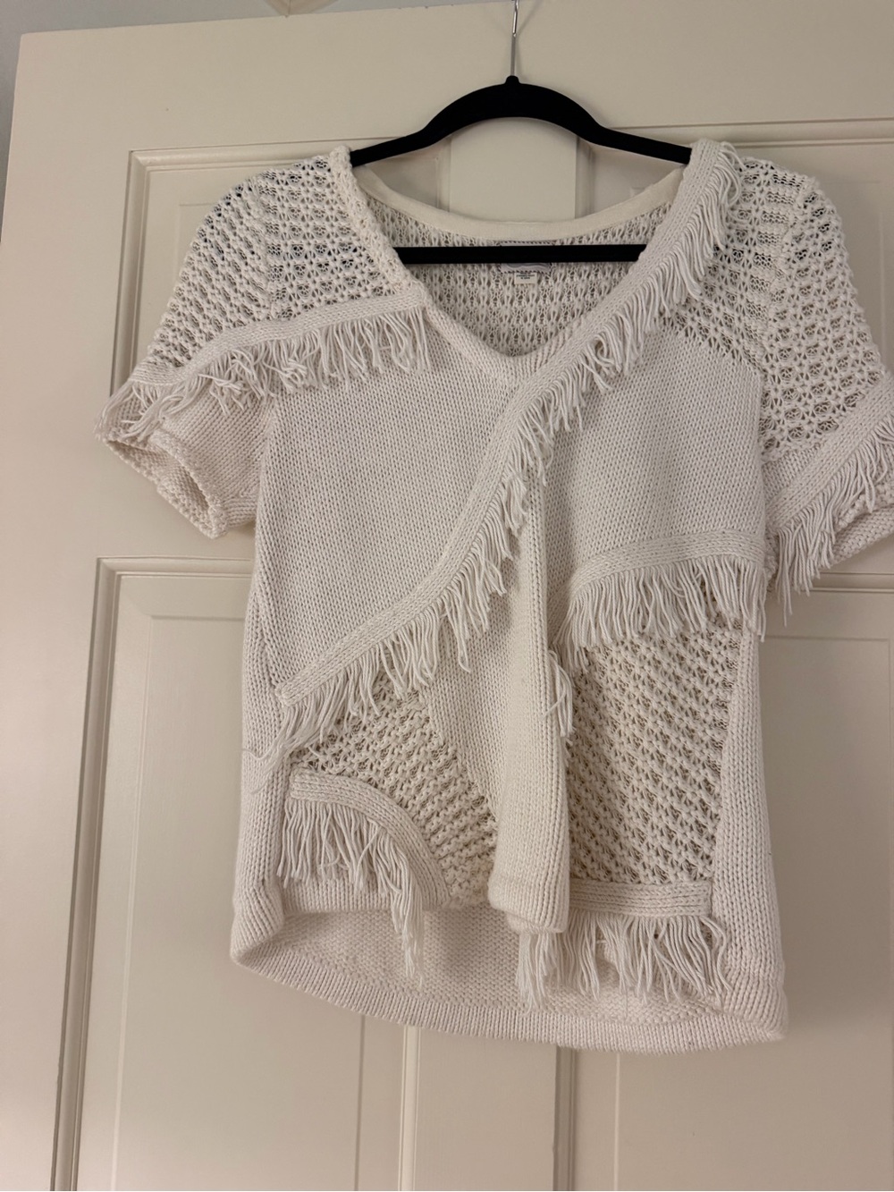 Anthropologie Cream Fringed Open-Knit V-Neck Sweater
